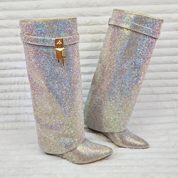 Super Sparkle Sharky Skirted Fold Over Wedge Heel Knee Boots - Picture 1 of 8
